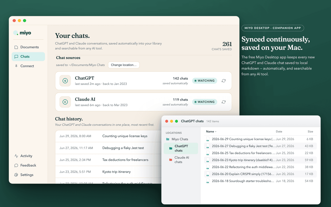 The Miyo desktop app watching ChatGPT and Claude, with chats saved continuously and visible in Finder.