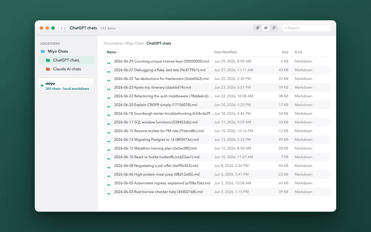 A Finder window showing the saved ChatGPT chats as individual markdown files.